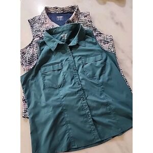 2/UPF 50 Sleeveless Button Up MARINER Tops Solid Green+Fish Scale Reel Legend 2X